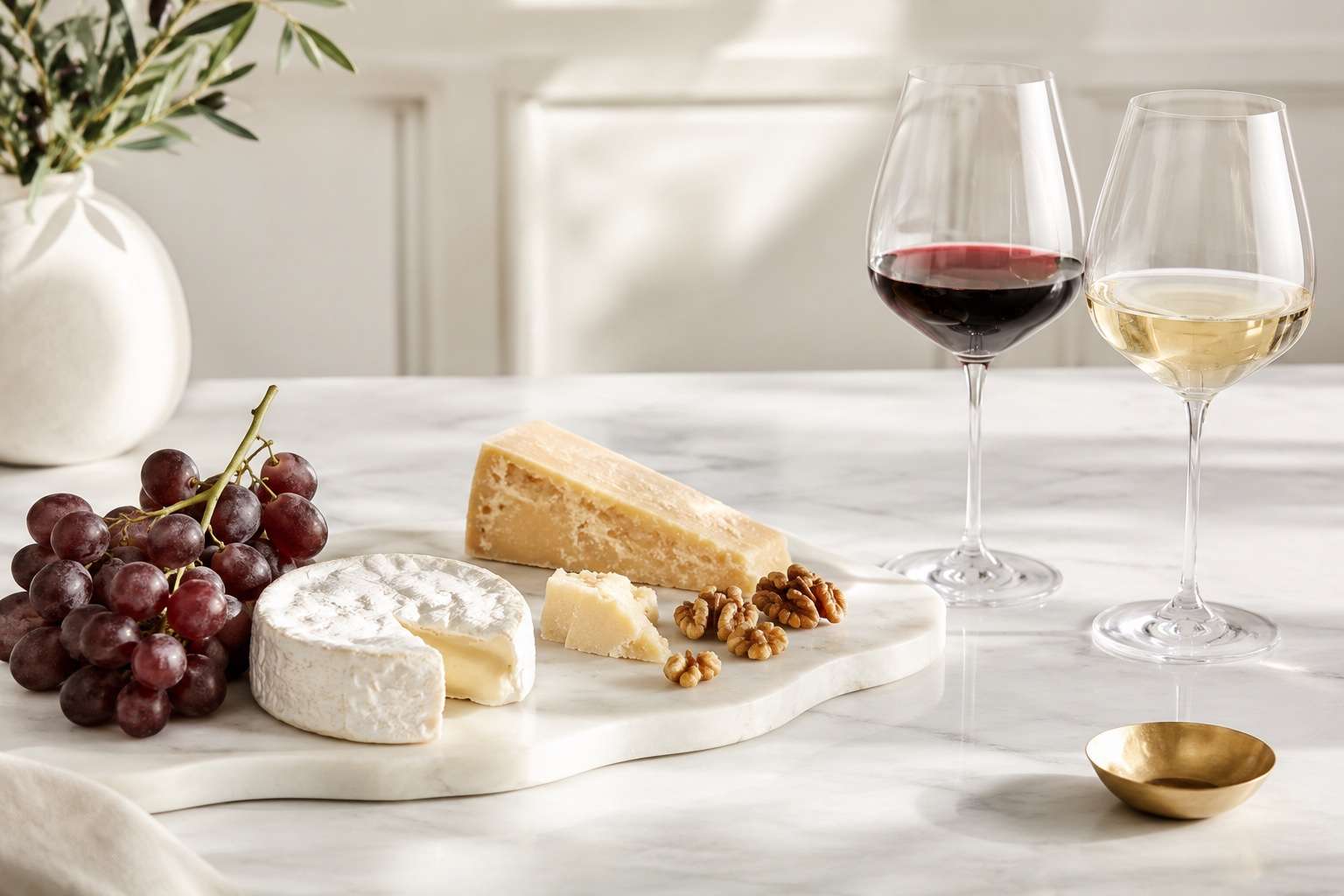 Cheese board with Brie, Cheddar, and blue cheese beside glasses of red and white wine